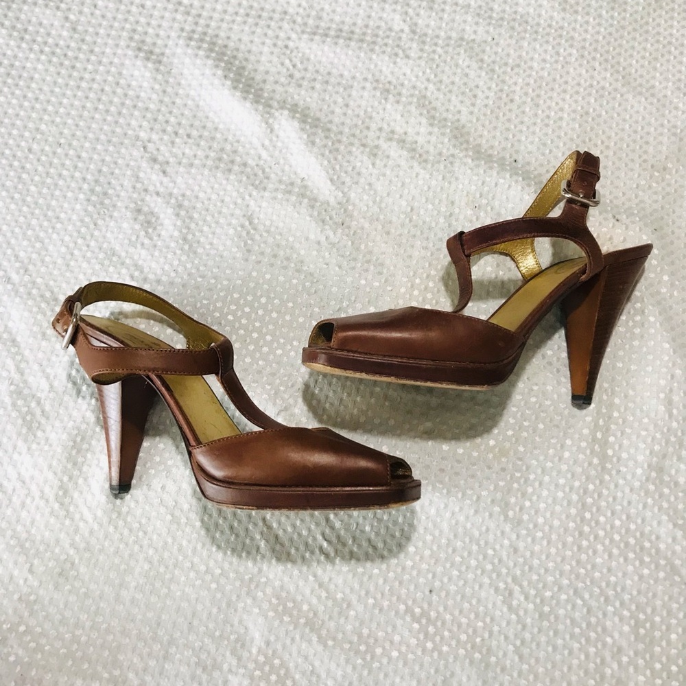 Prada Brown Leather Peep-Toe Slingback Heels - Picture 2 of 15